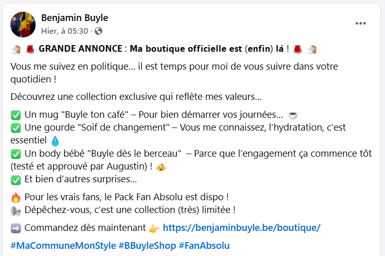 Publication Facebook de Benjamin Buyle, blague du premier avril 2025